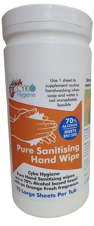 Alcohol hand wipes, made and supplied by CYKO. In a tub format!