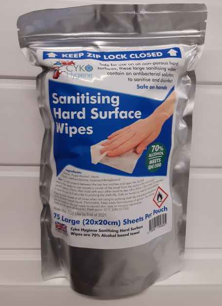 Alcohol surface wipes, made and supplied by CYKO. In a pouch format to help the environment.