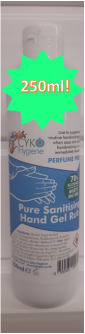 UK made hand sanitiser, 250ml volume, in a gel form.